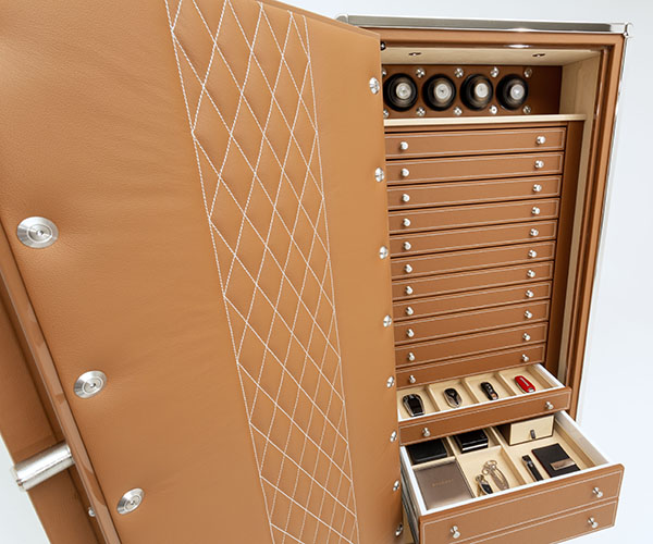 tan leather and stainless safe interior